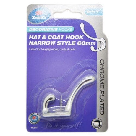 Zenith Decorative Hooks Hat & Coat Hook Narrow Style Chrome Plated 60mm WIC0241 - Double Bay Hardware