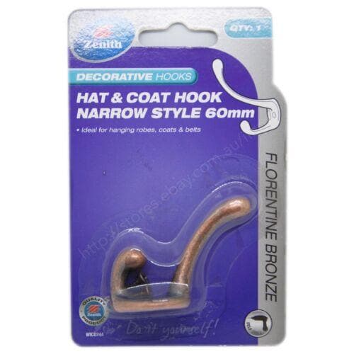 Zenith Hat & Coat Hook Narrow Style Florentine Bronze 60mm WIC0244