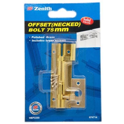 Zenith Offset(Necked) Bolt 75mm Solid Brass Polished Brass HBP2200 - Double Bay Hardware