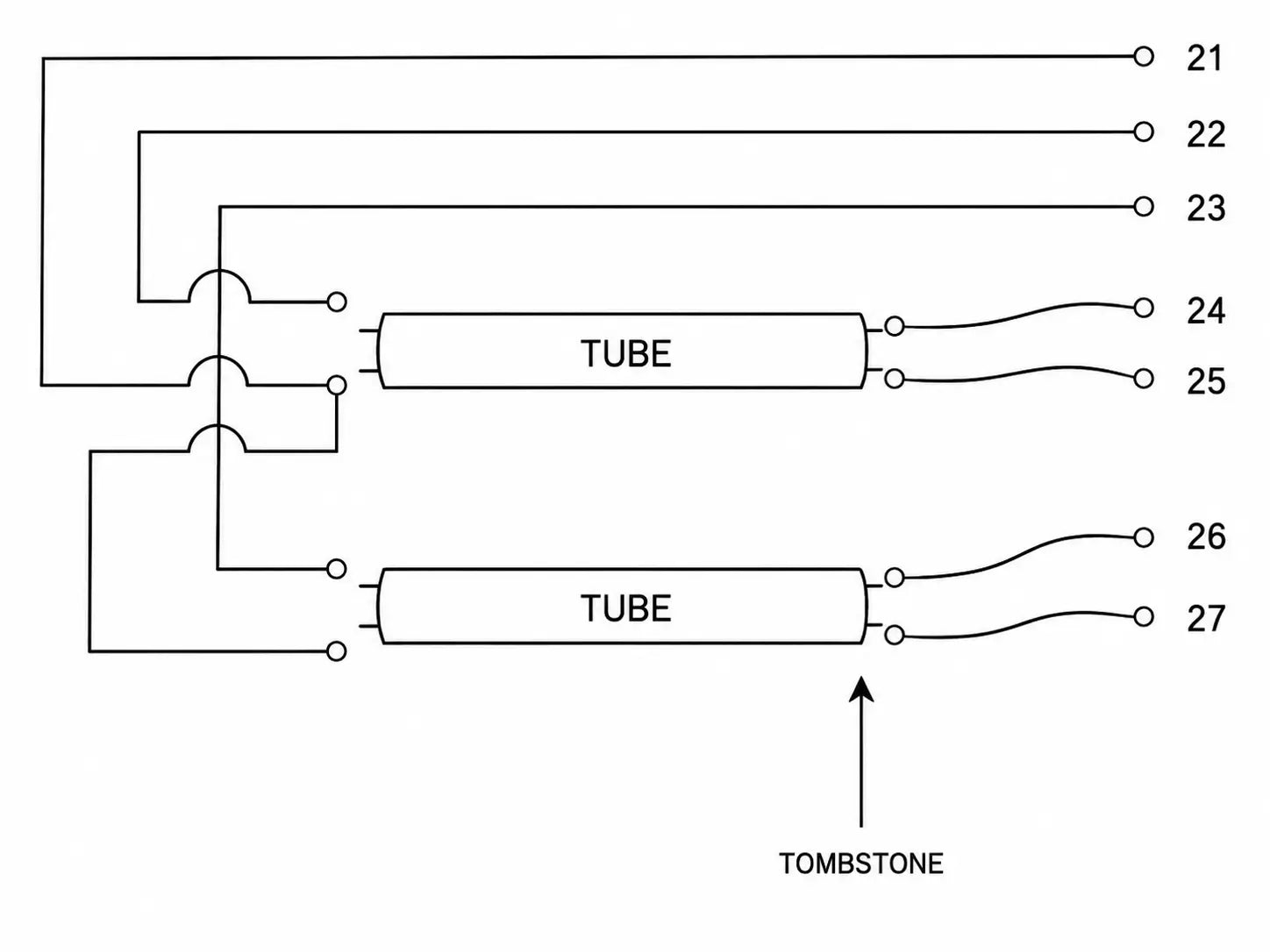 Hand-drawn wiring diagram for a 7-terminal dimmable ballast with dual fluorescent tube tombstone connections