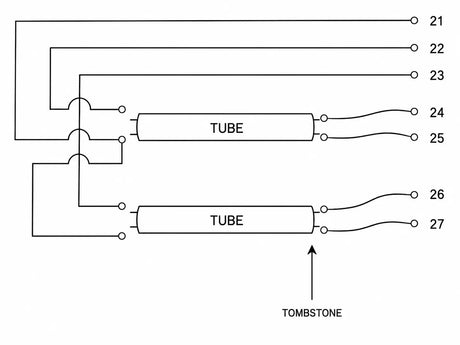 Hand-drawn wiring diagram for a 7-terminal dimmable ballast with dual fluorescent tube tombstone connections