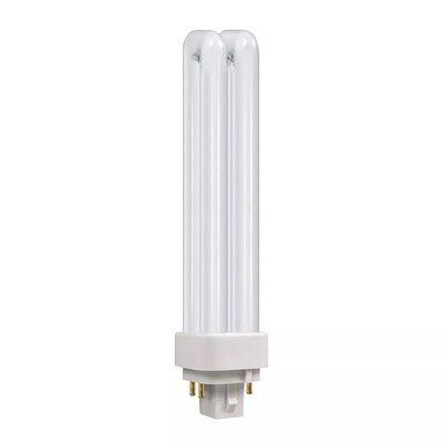 This image features a white plug-in CFL lamp with a dual-tube design. The bulb consists of two parallel, frosted glass tubes connected at the top, mounted into a square white plastic base with a specialized four-pin connector at the bottom.