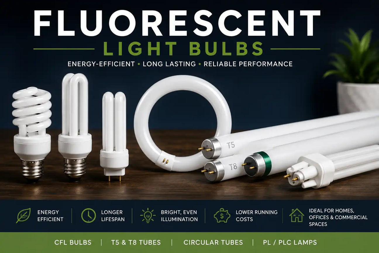 Fluorescent light bulbs collection featuring CFL globes, T5 and T8 fluorescent tubes, circular lamps and energy-efficient lighting solutions for homes, offices and commercial spaces.