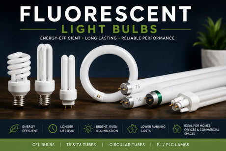 Fluorescent light bulbs collection featuring CFL globes, T5 and T8 fluorescent tubes, circular lamps and energy-efficient lighting solutions for homes, offices and commercial spaces.