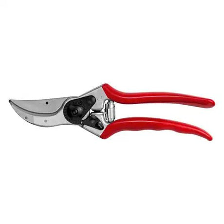 This image displays a pair of high-quality bypass secateurs featuring sharp, precision-ground steel blades and ergonomic, bright red handles designed for comfort and clean, accurate pruning.