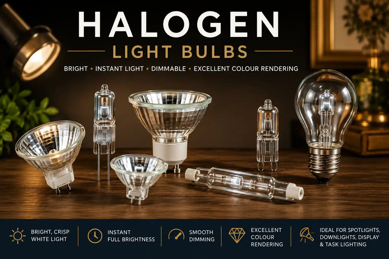 Collection of halogen light bulbs showcasing GU10, MR16 and capsule halogen lamps with bright white light, excellent colour rendering and smooth dimming performance.