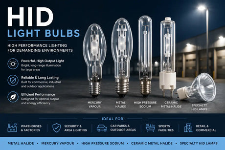 HID light bulbs collection featuring metal halide, mercury vapour and specialty high-intensity discharge lamps for commercial, industrial and outdoor lighting applications.