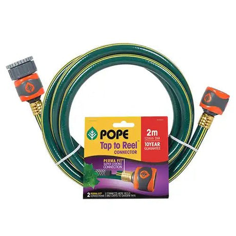 Green garden hose coiled neatly with yellow stripes, featuring orange-and-grey brass tap and hose connectors, displayed with POPE “Tap to Reel Connector” packaging indicating 2 m length and 10-year guarantee.