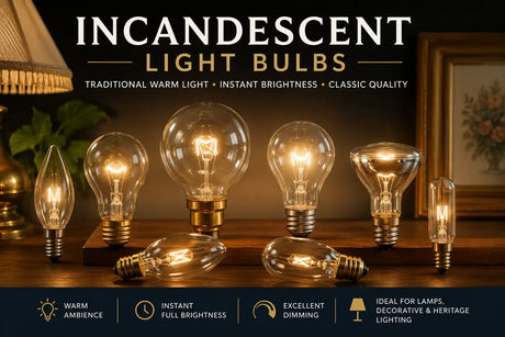 Collection of incandescent light bulbs showcasing classic warm-light globes, candle bulbs and specialty lamps ideal for heritage homes, decorative fixtures and vintage lighting.