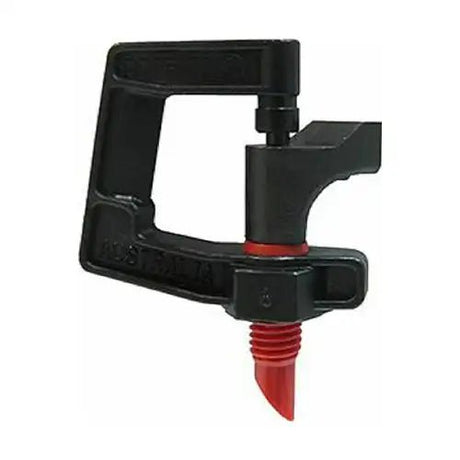 Black micro irrigation sprinkler with red threaded spike base, designed for drip irrigation systems and adjustable water distribution in garden beds.