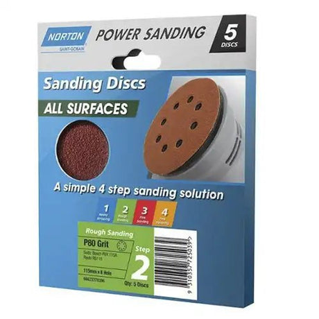 Norton Sanding Discs All Surface P80 115mm X 8 Hole 5Pcs