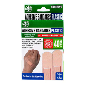 A 40-pack of 1-in-1 Care adhesive bandages in plastic packaging, featuring green, white, and blue branding with product details and illustrations of the bandages.