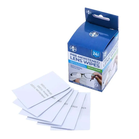 Box of pre-moistened lens wipes with individual wipes displayed in front on a white background.
