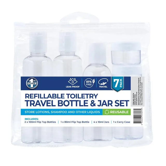 Packaging of a refillable toiletry travel bottle and jar set with clear bottles and blue label.