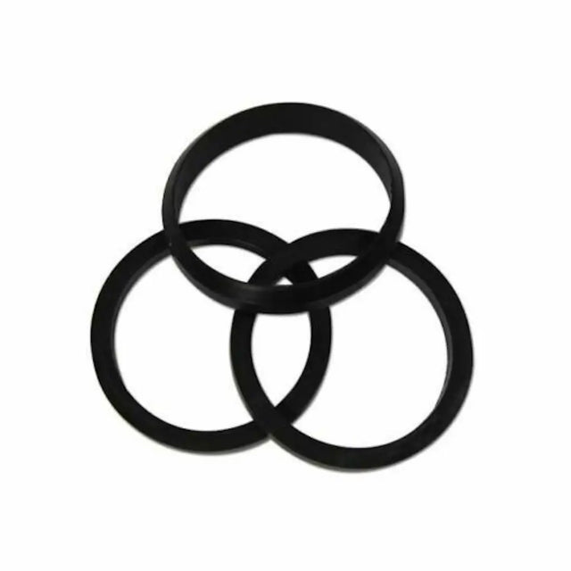 Three black rubber O-rings stacked on a white background