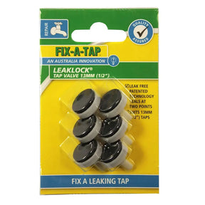Packaging of Fix-A-Tap Leaklock tap valve with six components on a yellow background.