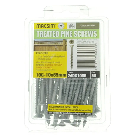 Pack of Macsim treated pine screws with packaging on a white background
