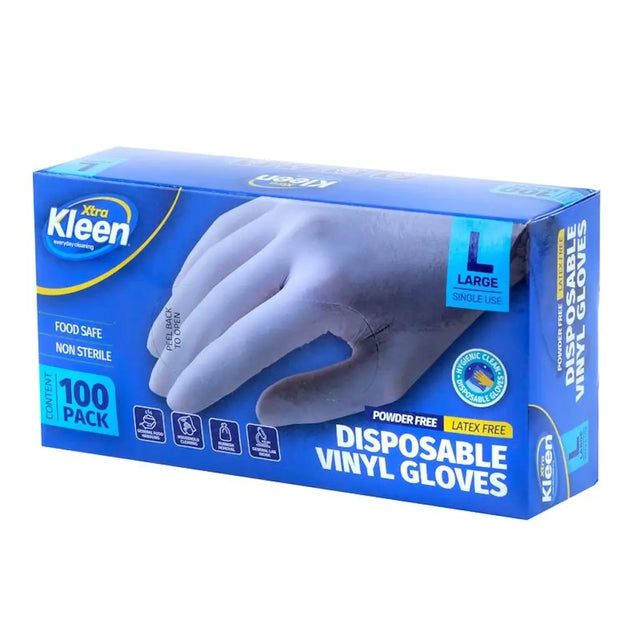 Box of Kleen disposable vinyl gloves on a white background