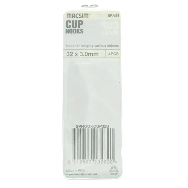Packaging of Maxim cup hooks with dimensions and quantity on a white background