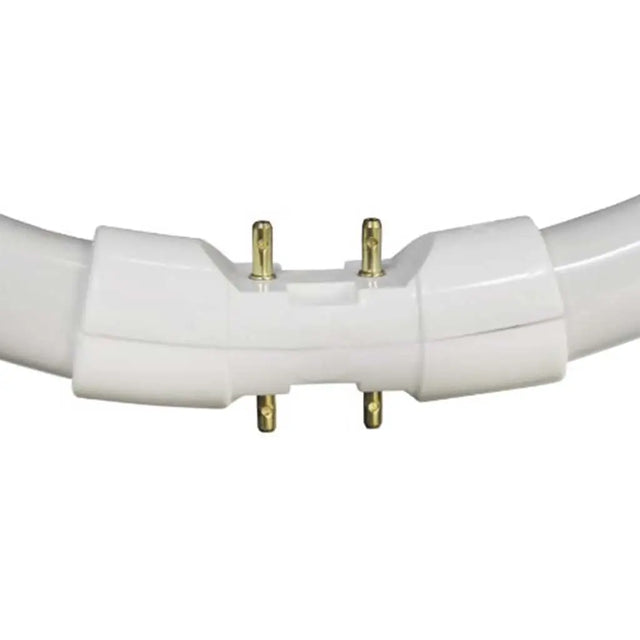 White plastic 2gx13 fitting with gold connectors on a white background