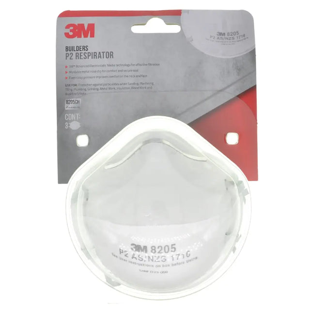 A 3M Builders P2 Respirator mask in its original retail packaging, featuring a white and red card backing with a clear plastic face shield.