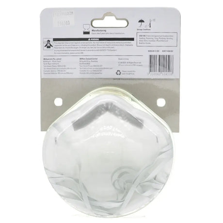 A white disposable N95 face mask in its original retail packaging, showing the back of the card with product details, a barcode, and an umbrella protection symbol.