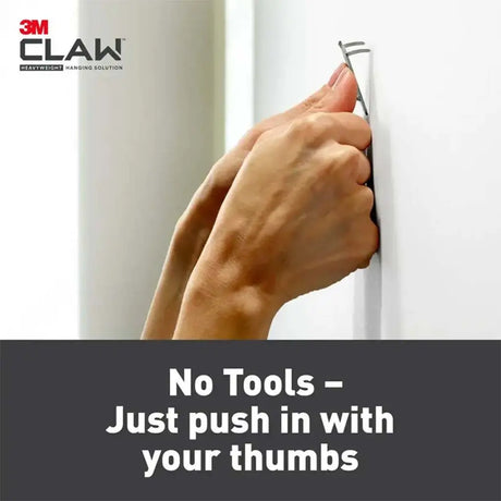 Hand using a tool to open a door with text 'No Tools - Just push in with your thumbs' and 3M CLAW logo.