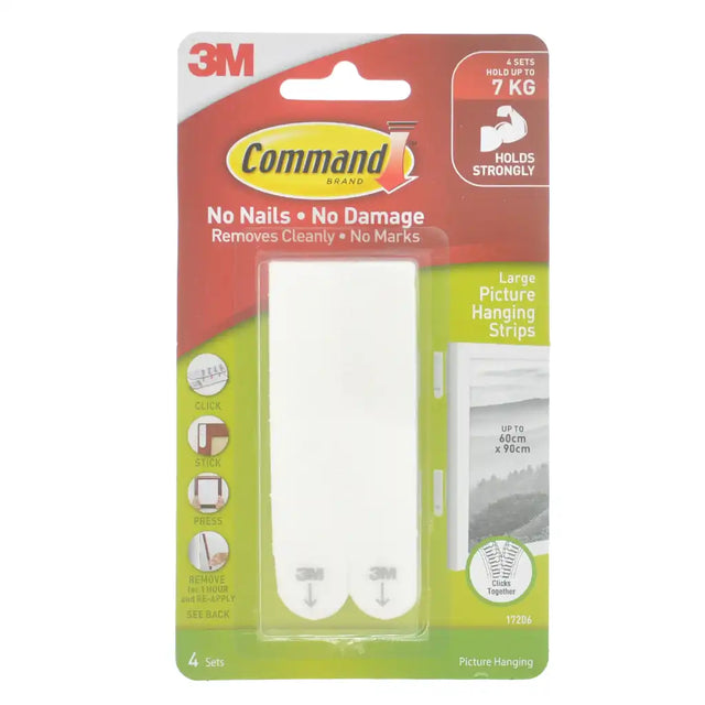 Packaging of Command picture hanging strips with 3M logo on a white background