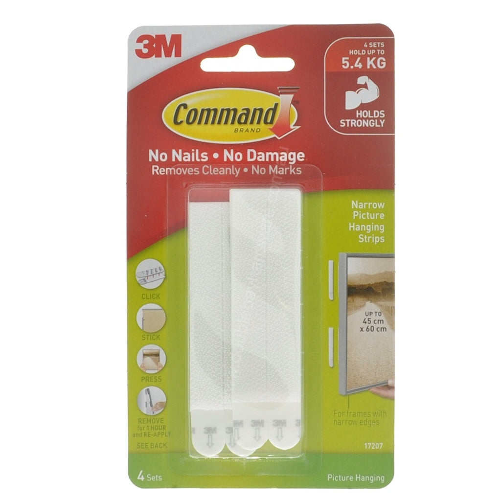 3M Command Damage-Free 4 Sets Narrow Picture Hanging Strips 5.4Kg 17207