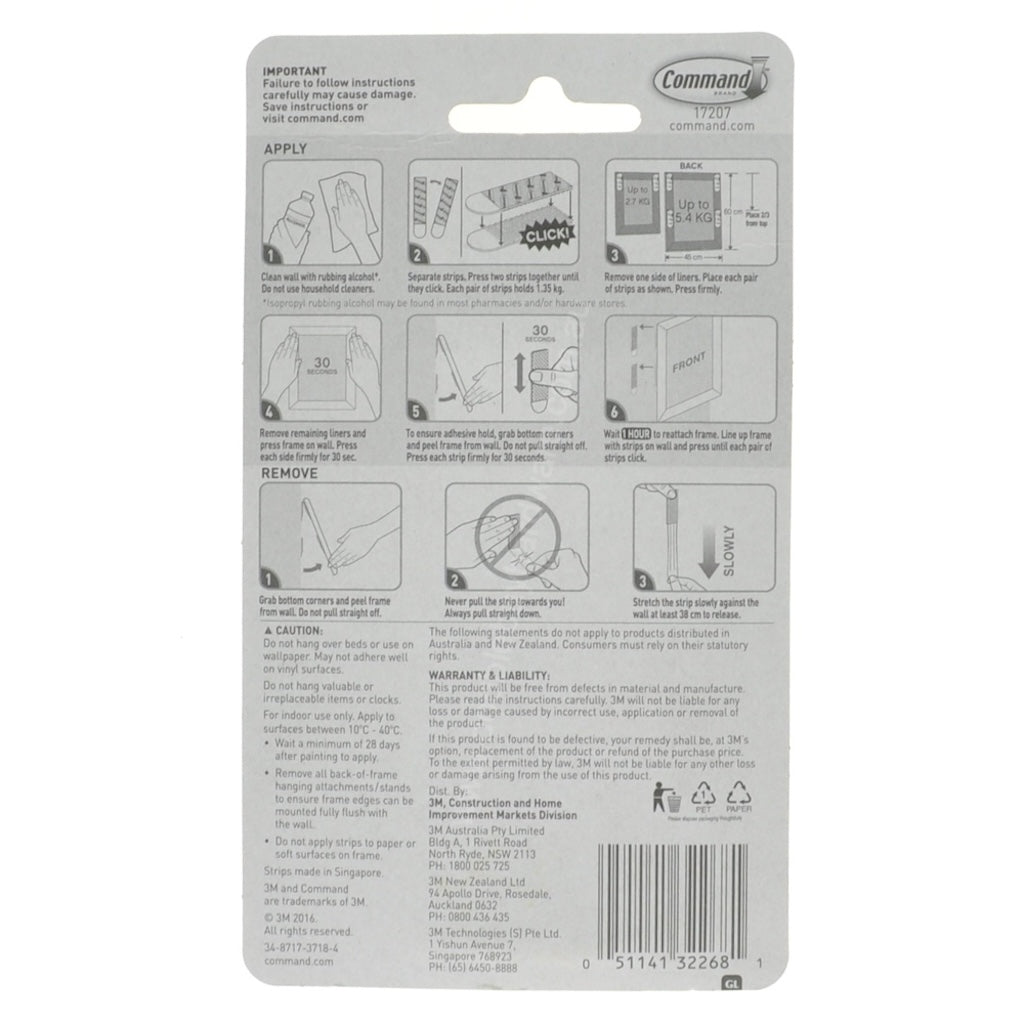 3M Command Damage-Free 4 Sets Narrow Picture Hanging Strips 5.4Kg 17207