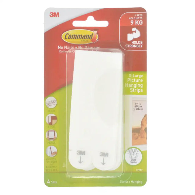 Packaging of Command picture hanging strips with 3M logo on a white background