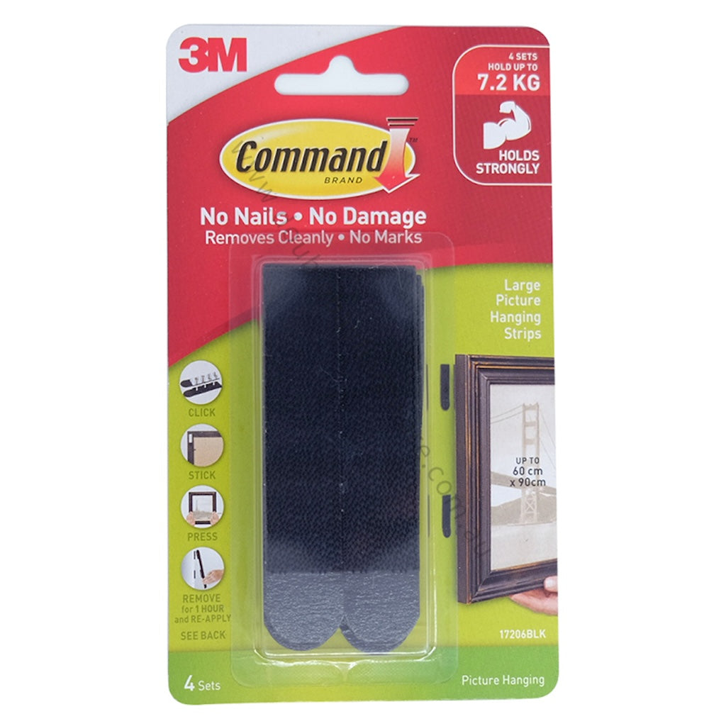 3M Command Damage-Free Large Picture Hanging Strips 7.2Kg 17206BLK