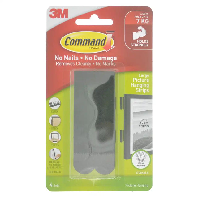 Packaging of Command picture hanging strips with 3M logo on a white background