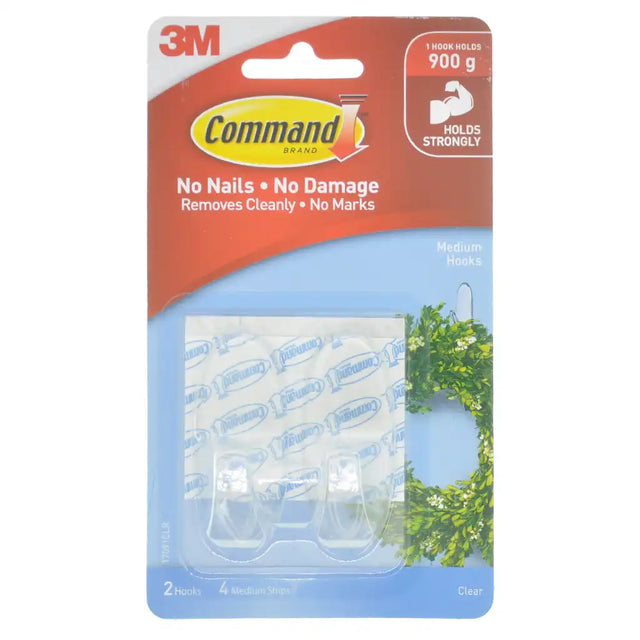 3M Command hook packaging with clear hooks and greenery illustration on a white background