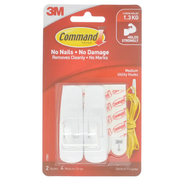 3M Command hook packaging with white hooks and yellow string on a red background