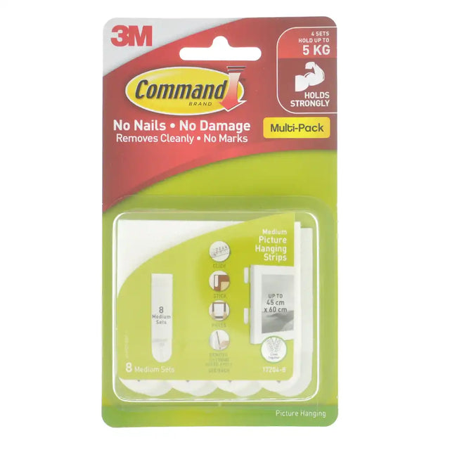 Command picture hanging strips packaging with 3M logo on a white background