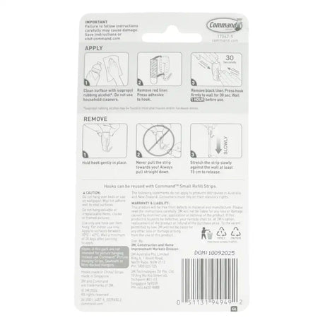 Back of a Command hook packaging with application and removal instructions.