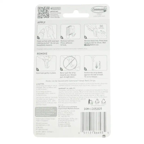 Back of a Command hook packaging with application and removal instructions.