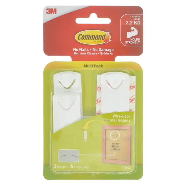 Packaging of Command wire-back picture hangers with 3M logo on a white background