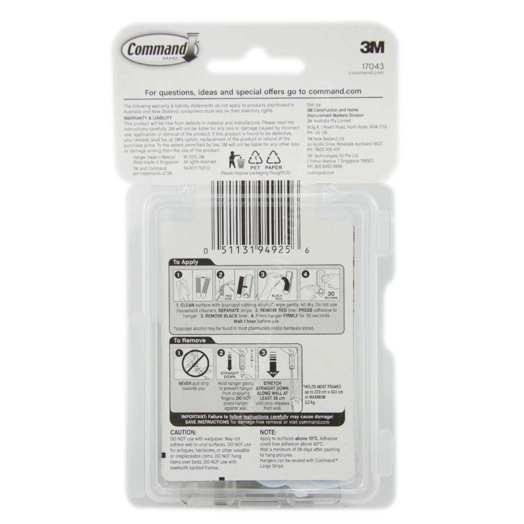 3M Command Damage-Free Wire-Backed Picture Hook 3 Hanger 6 Strip 2.2Kg 17043