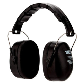 Black 3M hearing protection earmuffs with a padded headband and metal mounting arms, shown on a plain white background.