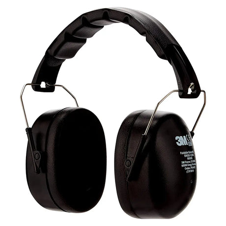 Black 3M hearing protection earmuffs with a padded headband and metal mounting arms, shown on a plain white background.