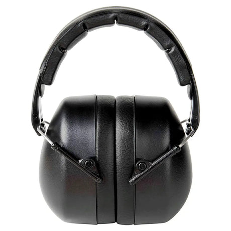 Black over-ear hearing protection earmuffs with a padded headband, shown from the front on a plain white background.