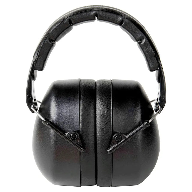 Black over-ear hearing protection earmuffs with a padded headband, shown from the front on a plain white background.