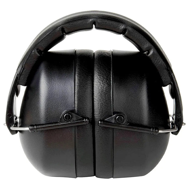Black padded over-ear hearing protection earmuffs with a padded headband and metal hinge hardware, shown against a plain white background.