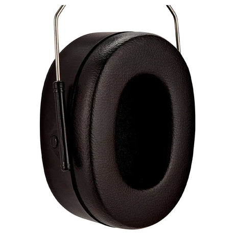 Black over-ear hearing protection earmuffs with a textured faux-leather finish and metal headband wires, shown on a solid white background.
