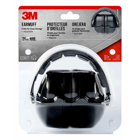 3M ear muff packaging with clear window showing black ear muffs on a white background