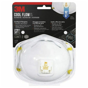 3M Cool Flow Pro N95 respirator mask in retail blister packaging, showing a white curved face mask with yellow side straps and a gold valve connector, against a black and red cardboard header.
