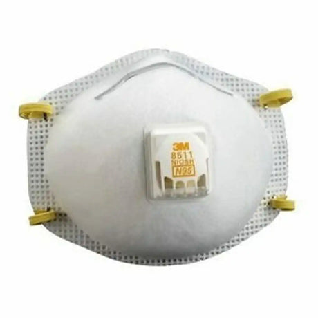 A white 3M 8511 N95 respirator mask with a central valve and yellow ear loops, shown against a plain white background.