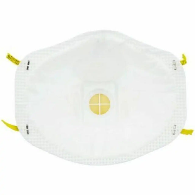 A white N95-style face mask with a yellow circular valve in the center and yellow ear loops, shown on a plain white background.